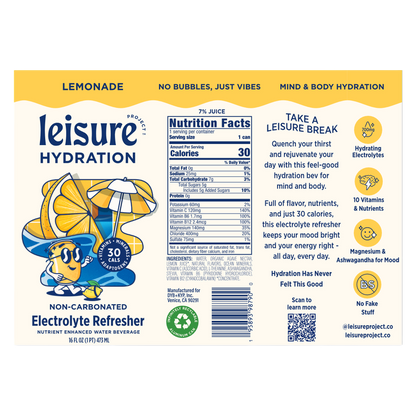 Leisure Hydration Lemonade Electrolyte Refresher 16oz Can