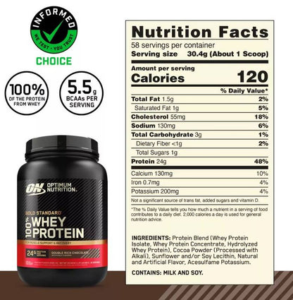 Optimum Nutrition Gold Standard 100% Whey, Double Rich Chocolate, Protein Powder, 22 Servings