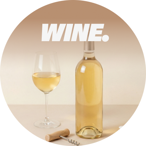 A bottle and glass of wine with the text wine superimposed