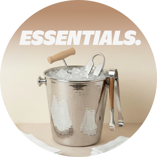 An ice bucket with ice and various bartending tools and the text essentials superimposed