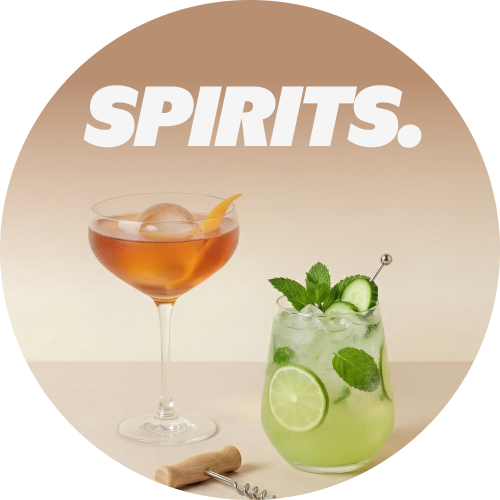 Two cocktails on a beige gradient background with the text Spirits superimposed