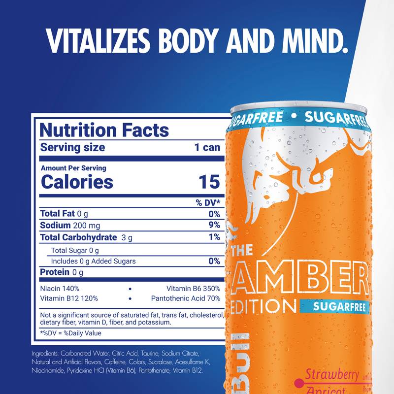 Red Bull Sugar Free Amber Edition Strawberry Apricot Energy Drink 12oz Can