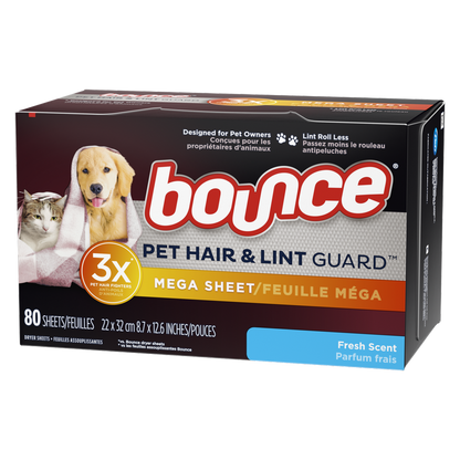 Bounce Pet Hair and Lint Guard Mega Dryer Sheets with 3X Pet Hair Fighters Fresh Scent 80ct