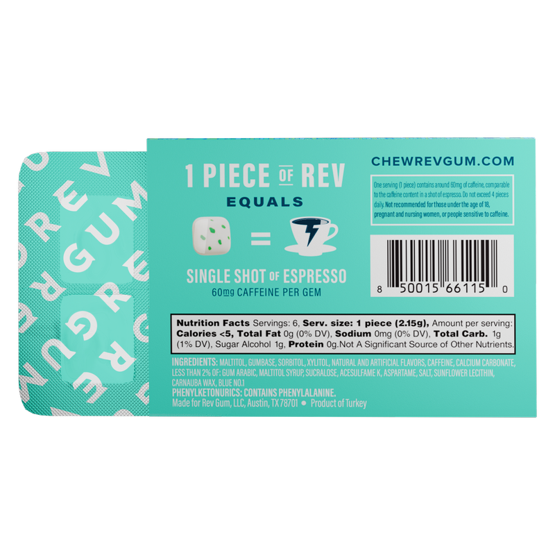 REV ENERGY GUM, Spearmint Caffeinated Regular Strength