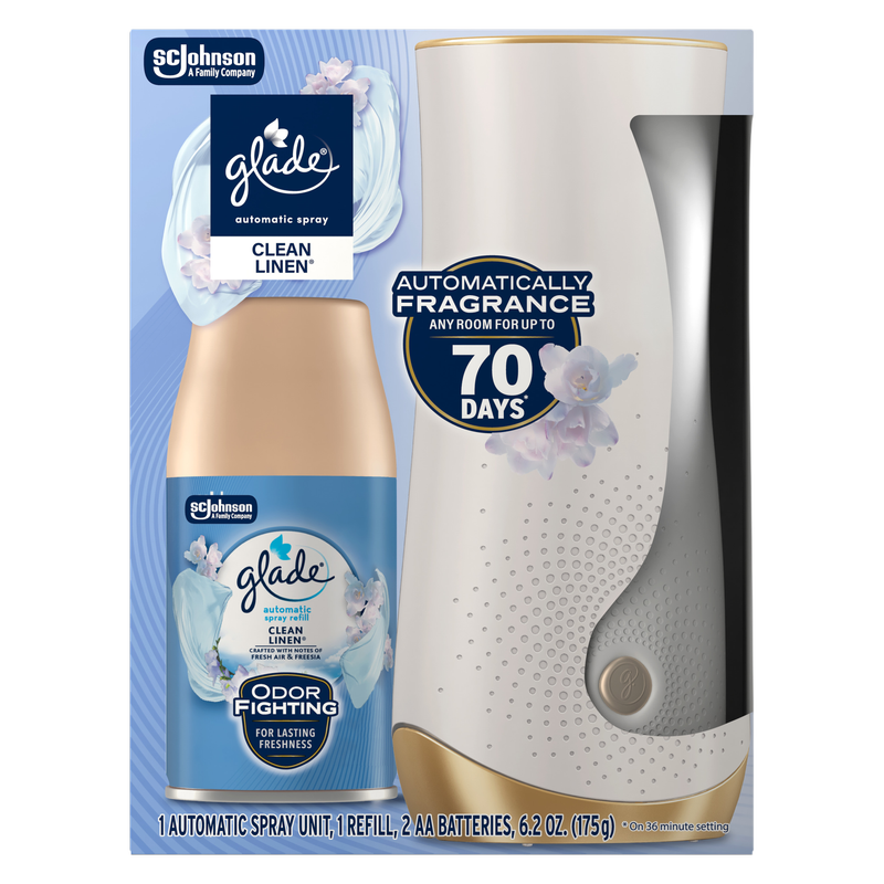 Glade Automatic Spray Air Freshener Starter Kit, 1 Holder and 1 Refill, Clean Linen, Fragrance Infused with Essential Oils, 6.2 oz