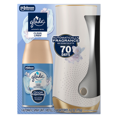 Glade Automatic Spray Air Freshener Starter Kit, 1 Holder and 1 Refill, Clean Linen, Fragrance Infused with Essential Oils, 6.2 oz