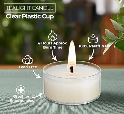 Tealight Candles in Clear Plastic Cups, 4 Hours, 50 Pack