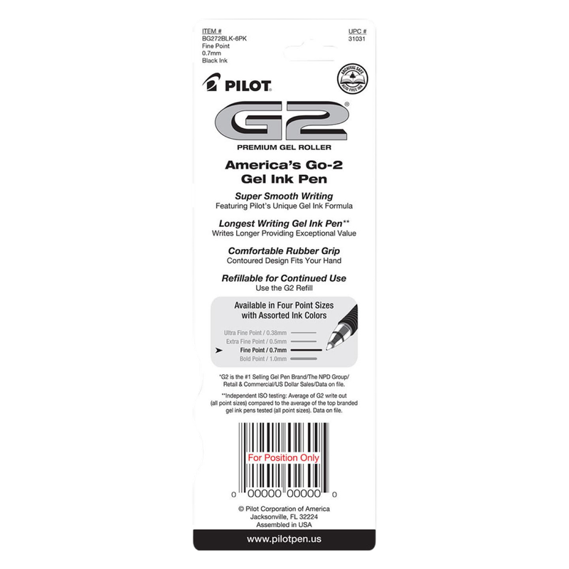Pilot G2 Premium Gel Pen, Retractable, Fine 0.7 Mm, 2pk