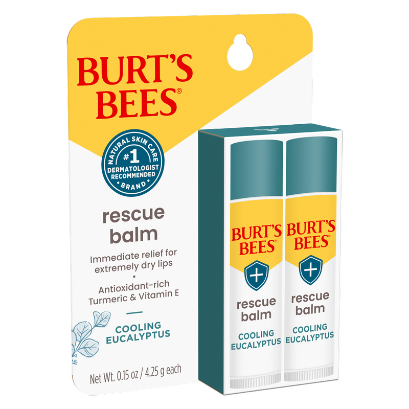 Burt's Bees Lip Balm Rescue, Cooling Eucalyptus, 2ct