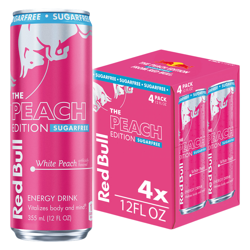 Red Bull Sugar Free Peach Edition White Peach Energy Drink 4pk 12oz Can- XL