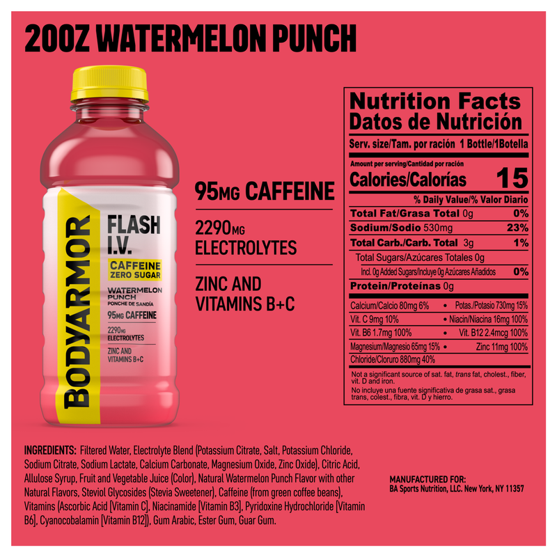 BODYARMOR FLASH I.V. Caffeine + Hydration Watermelon Punch 20oz Btl