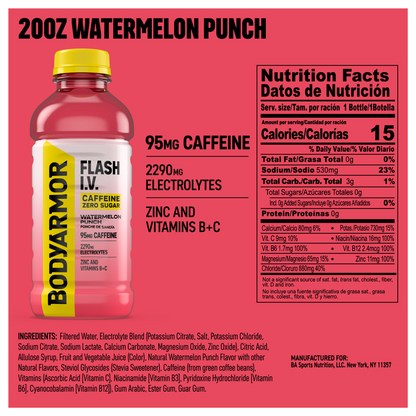 BODYARMOR FLASH I.V. Caffeine + Hydration Watermelon Punch 20oz Btl