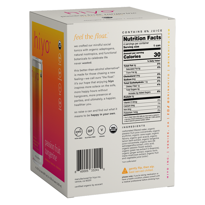 Hiyo Passion Fruit Tangerine 4pk 12oz Can