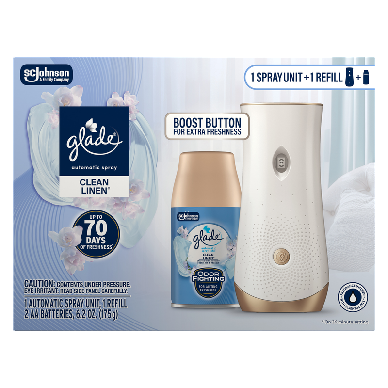 Glade Automatic Spray Air Freshener Starter Kit, 1 Holder and 1 Refill, Clean Linen, Fragrance Infused with Essential Oils, 6.2 oz