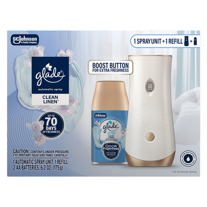 Glade Automatic Spray Air Freshener Starter Kit, 1 Holder and 1 Refill, Clean Linen, Fragrance Infused with Essential Oils, 6.2 oz