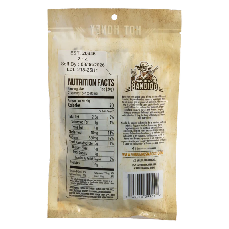 Vaquero Bandido Hot Honey Carne Seca, 2oz