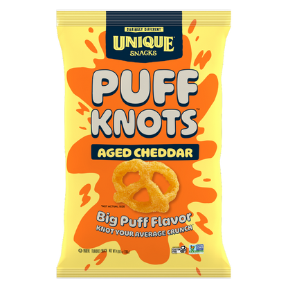 Unique Snacks Puff Knots, Aged Cheddar, 4.8oz