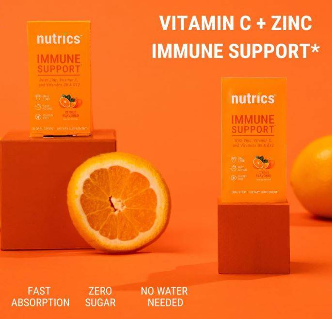 Nutrics Fast-Acting Immunity Support Oral Strips 30ct. Vitamin C + Zinc + B Vitamins, No Water, Zero Sugar