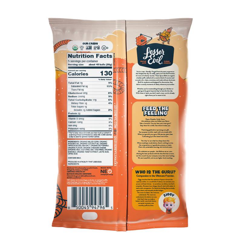 LesserEvil Space Balls, Real Organic Cheddar, 5oz