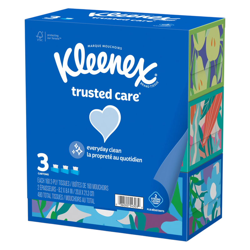 Kleenex Trusted Care Facial Tissues, 3 Flat Boxes, 160 Tissues per Box, 2-Ply (480 Total Tissues)
