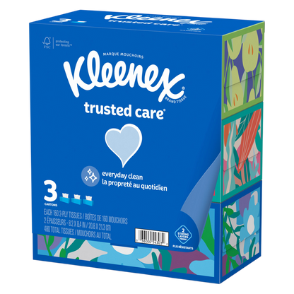 Kleenex Trusted Care Facial Tissues, 3 Flat Boxes, 160 Tissues per Box, 2-Ply (480 Total Tissues)