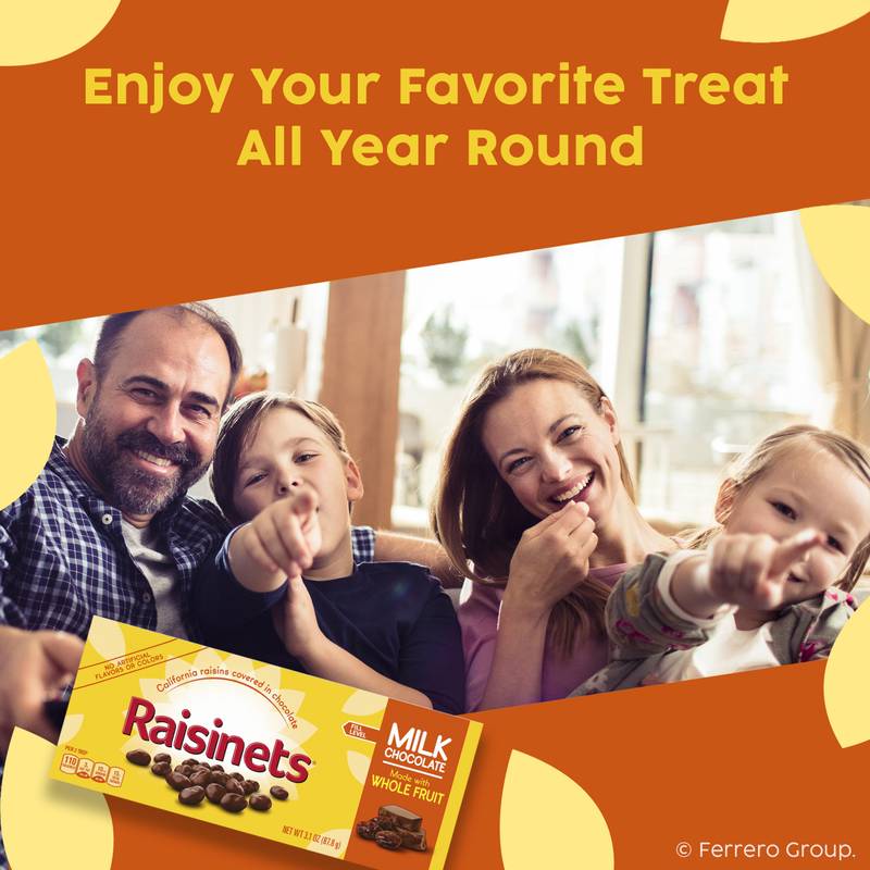 Raisinets Milk-Chocolate-Covered California Raisins, Movie Theater Candy Box, 3.1 oz