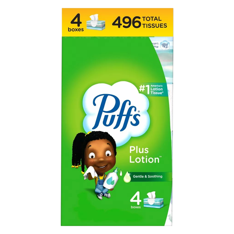 Puffs Plus Lotion 4ct Facial Tissues, Family Boxes, 124 Tissues per box