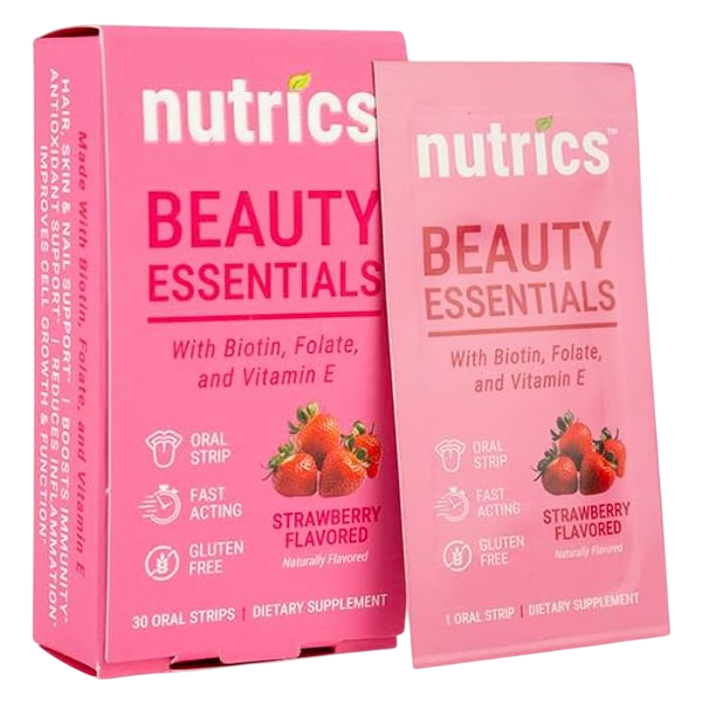 Nutrics Beauty Essentials Oral Strips – 30ct, Biotin + Folate + Vitamin E, No Water, Zero Sugar