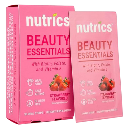 Nutrics Beauty Essentials Oral Strips – 30ct, Biotin + Folate + Vitamin E, No Water, Zero Sugar