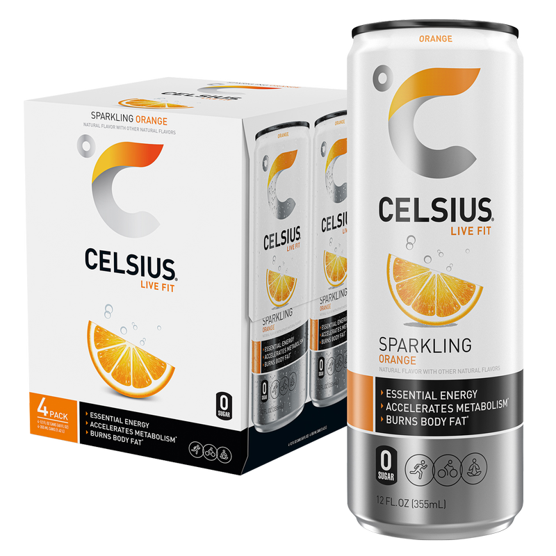 CELSIUS Sparkling Orange Essential Energy Drink, 4 Pack 12oz Can- XL