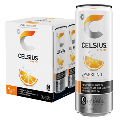 CELSIUS Sparkling Orange Essential Energy Drink, 4 Pack 12oz Can- XL