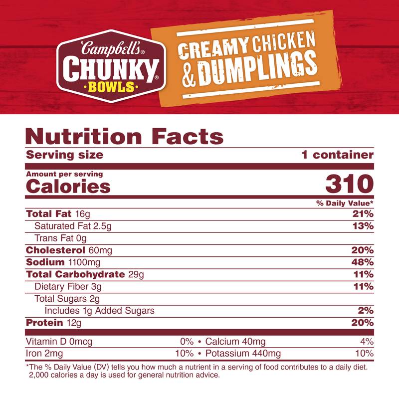 Campbell’s® Chunky® Soup, Creamy Chicken and Dumplings Soup, 15.25 oz Microwavable Bowl