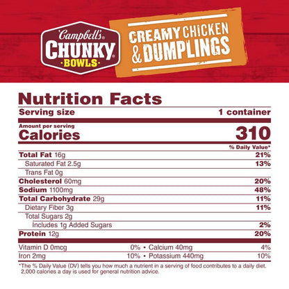 Campbell’s® Chunky® Soup, Creamy Chicken and Dumplings Soup, 15.25 oz Microwavable Bowl
