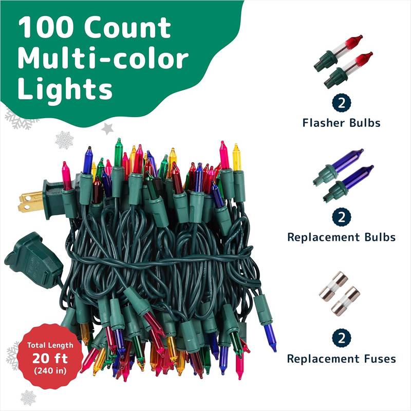 100 Multicolor String Lights with Green Wire
