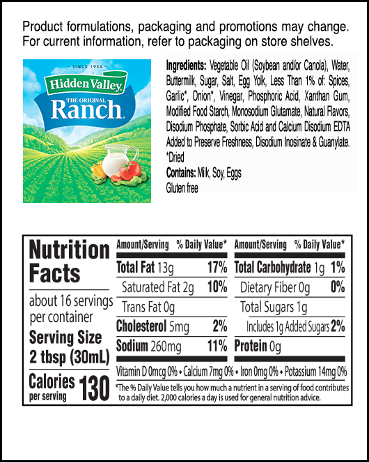how many carbs in ranch dressing Hidden Valley Original Ranch Salad Dressing & Topping 16oz