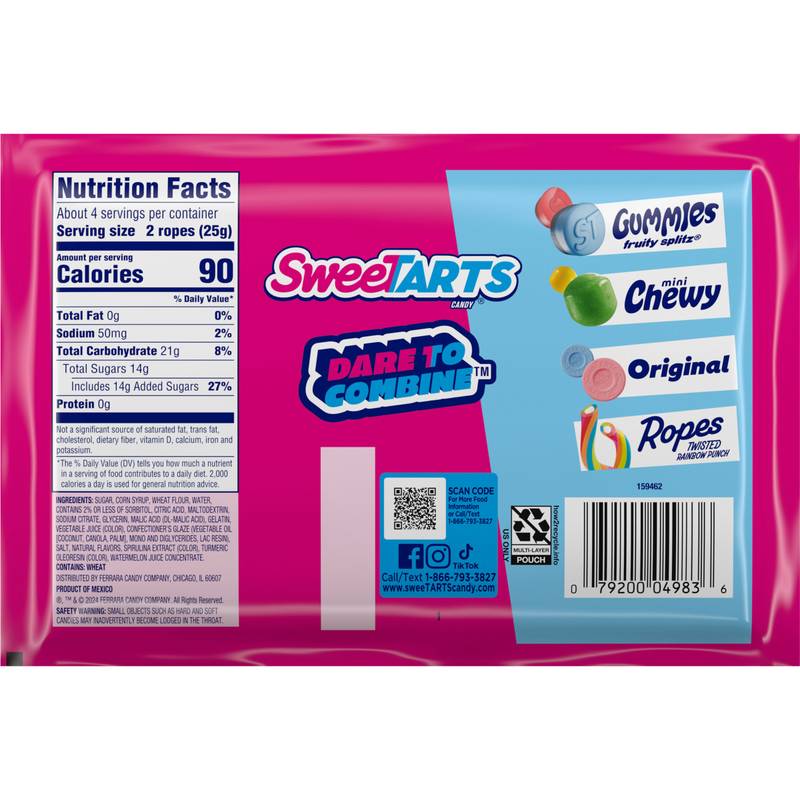 SweeTARTS Ropes, Candy, Watermelon Berry Collision, Soft and Chewy, 3.5 oz