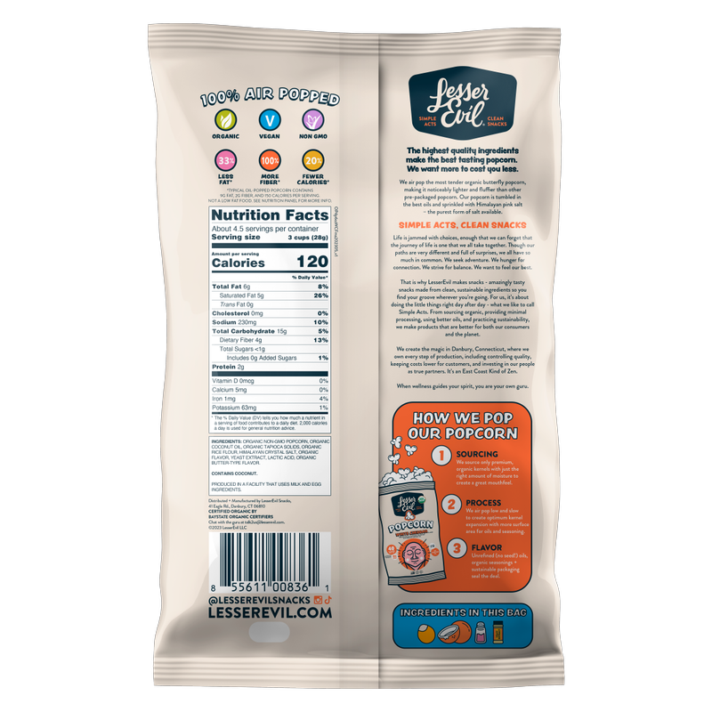 LesserEvil Organic Popcorn, White Cheddar 4.6oz