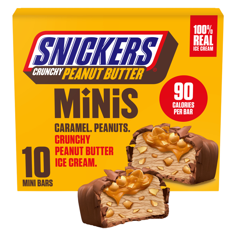 SNICKERS Ice Cream Minis, Milk Chocolatey, Caramel and Crunchy Peanut Butter Ice Cream Bars, 10ct
