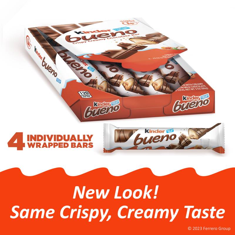 Kinder Bueno Milk Chocolate and Hazelnut Cream, 1 Pack, 4 Individually Wrapped Chocolate Bars, 3 oz