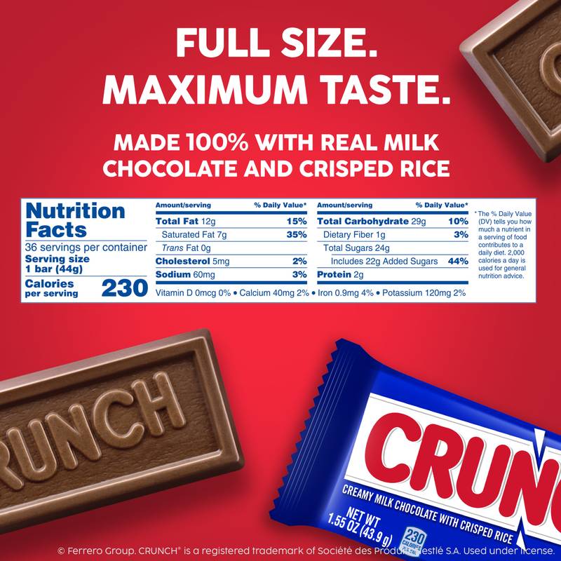 CRUNCH Milk Chocolate and Crisped Rice, Share Size Candy Bars, 2.7 oz