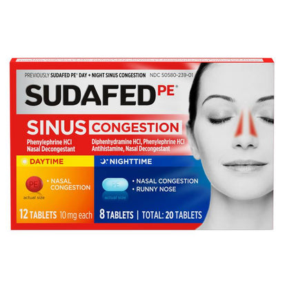 Sudafed PE Sinus Congestion Day + Night Tablets, 20 Count