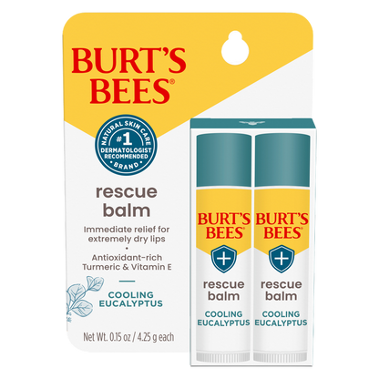 Burt's Bees Lip Balm Rescue, Cooling Eucalyptus, 2ct