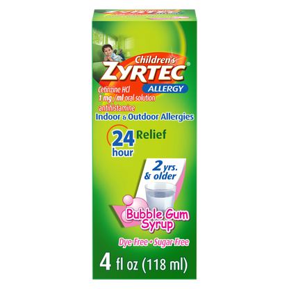 Children’s Zyrtec Allergy Syrup, Dye-Free, Sugar-Free Bubble Gum, 4 Fl. Oz
