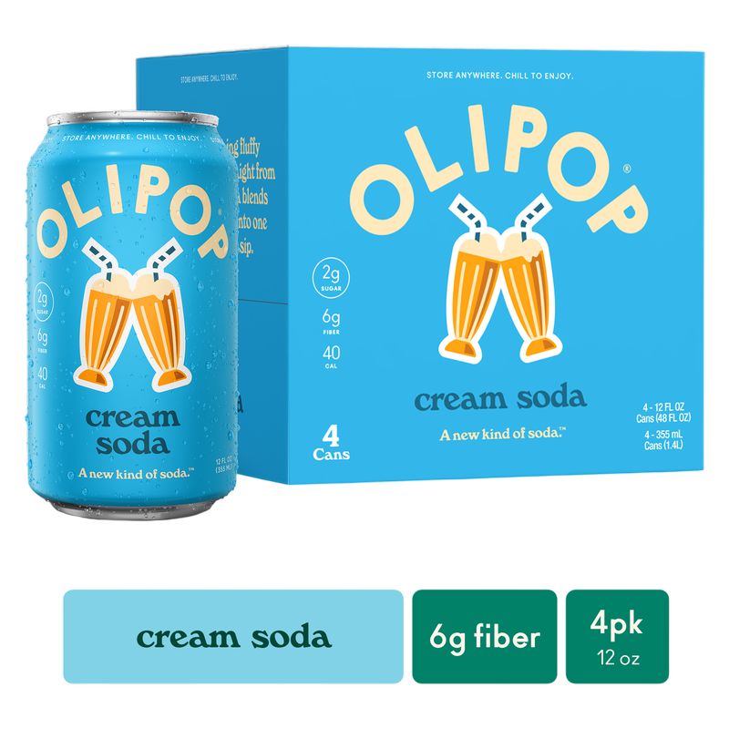OLIPOP 6g Fiber Prebiotic Soda, Cream Soda, 12 fl oz, 4 Pack