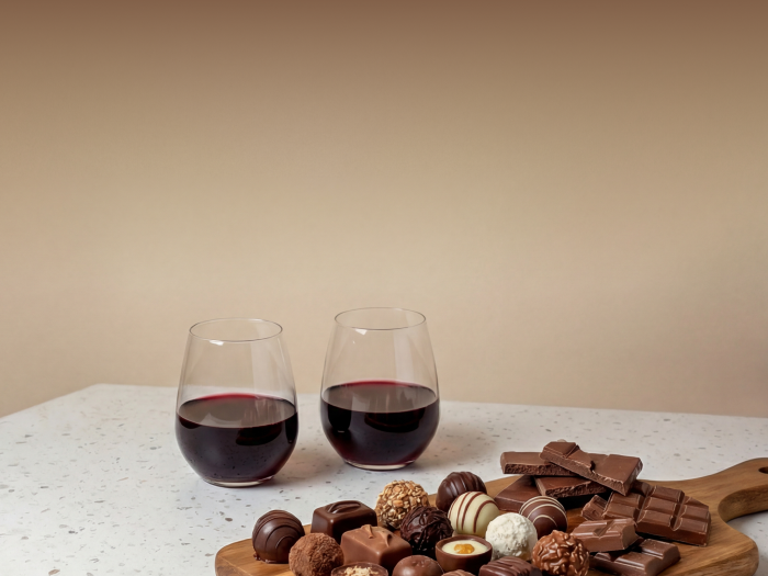 assorted chocolates on a platter with two glasses of red wine
