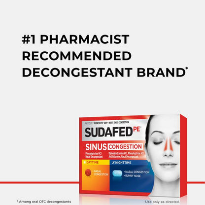 Sudafed PE Sinus Congestion Day + Night Tablets, 20 Count