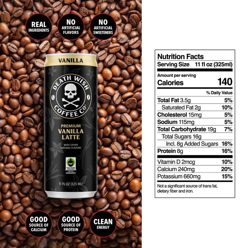 Death Wish Coffee Fair Trade Vanilla Latte 11oz Can - Death Wish