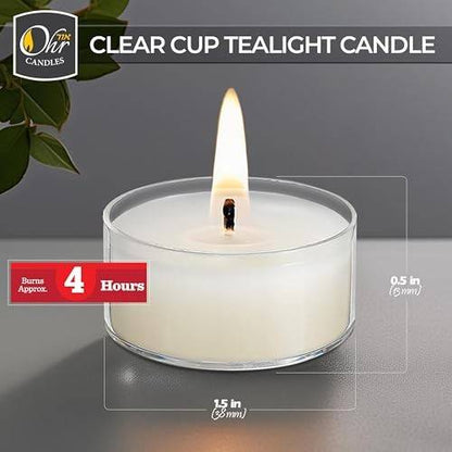 Tealight Candles in Clear Plastic Cups, 4 Hours, 50 Pack