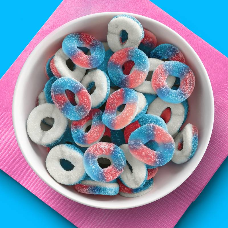 SweeTARTS Gummy Halos, Candy, Blue Punch and Strawberries and Cream, Tart and Chewy, Soft and Fluffy, 3.5 oz
