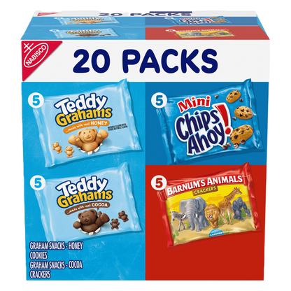 Nabisco Fun Shapes Variety Pack, Barnum's Animal Crackers, Teddy Grahams and CHIPS AHOY! Cookies, 20 Snack Packs